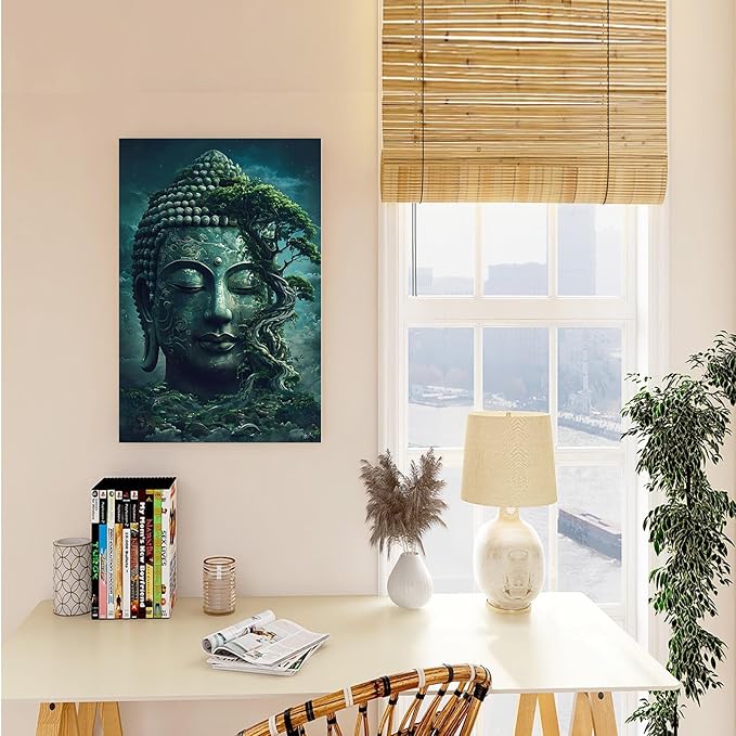 Buddha statue wall art canvas wall decor aesthetic picture mystical nature art for tranquil home and spiritual space 8x12in Wood Framed