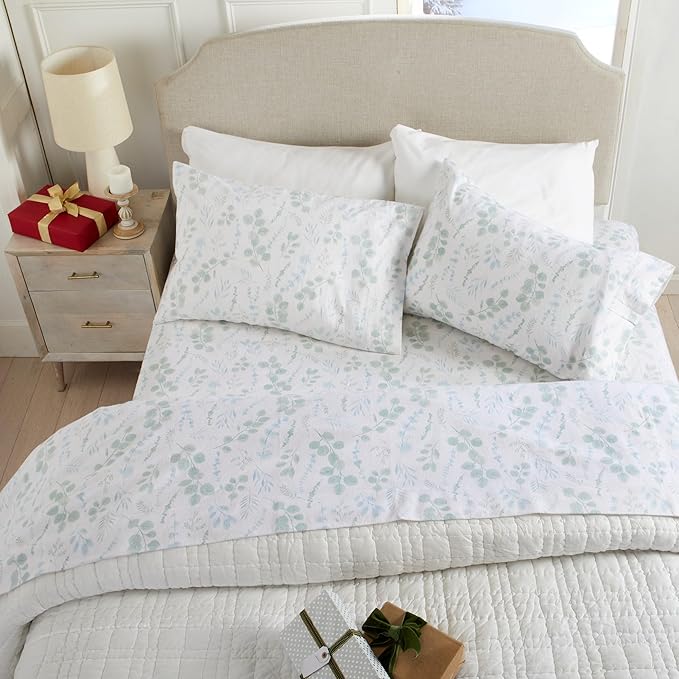 Market & Place 100% Cotton King Flannel Sheet Set | 4 Piece Deep Pocket Cozy Winter Floral Bed Sheets | Double Brushed for Extra Softness & Comfort | Alpine Collection (King, Eucalyptus Leaves)