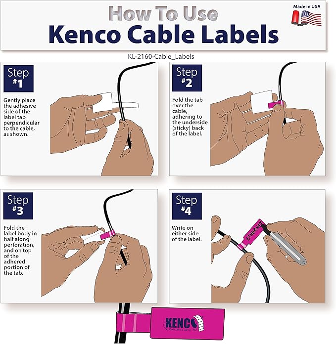 Kenco Cable Labels - 240 Labels 12 Sheets, 10 Colors Waterproof Cord Labels - Write on Stickers Tear and Liquid Resistant for Color Coding and Identification -Made in The USA (960 Labels)
