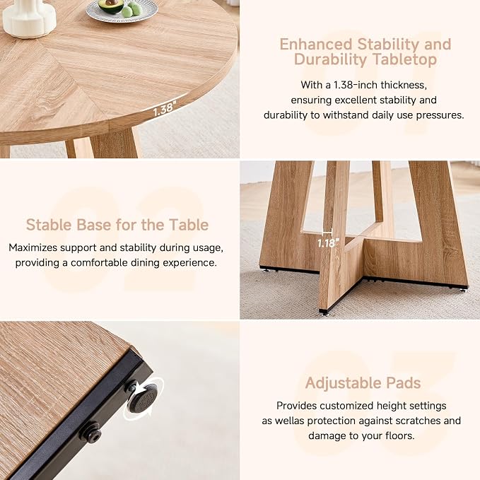 47 inch Round Dining Table Set for 4 with Chairs Kitchen Table and Chairs Set Mid-Century Modern Round Wood Kitchen Tables with Upholstered Synthetic Leather Chairs Set of 4