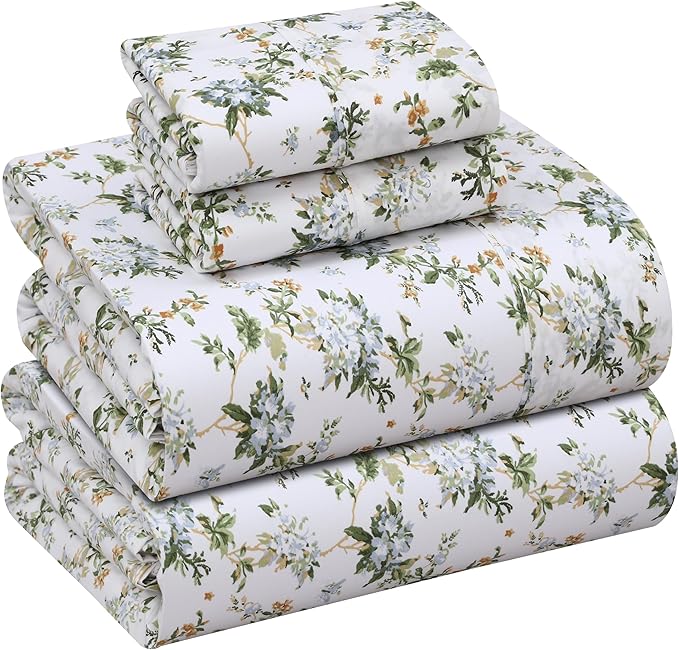RUVANTI 100% Cotton King Size Sheets Set, 4 Pieces, Soft & Breathable Percale Weave Bedding, Deep Pocket 16", Hotel Standard, Crisp Cool Feel, Durable, Perfect Floral Bed Sheet, Heritage