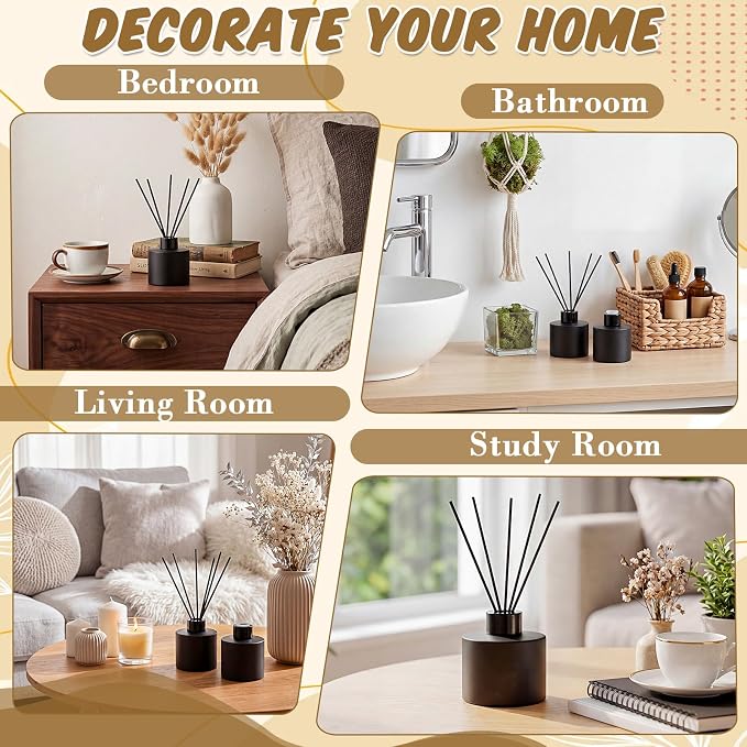 Chunful 4 Sets Black Reed Diffuser Bottle Empty Refillable Fragrance Glass Diffuser Bottles 100ml Round Glass Jars with Black Caps & Rattan Sticks for Living Room Home Replacement Fragrance DIY