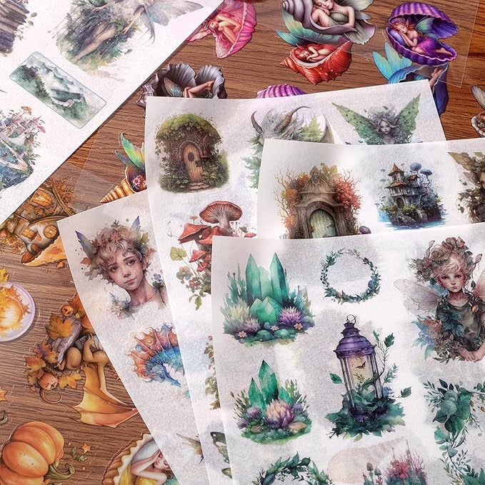 Auguro Scrapbook Fantasy Stickers 20 Sheets 240 Pre-Cut Washi Stickers for Journaling PET Transparent Fairy Sticker Decorative or DIY Paper Crafts, Arts and Crafting Projects