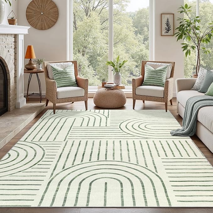 DCX Abstract Machine Washable 6x9 Rug, Sage Green Modern Accent Rug for Living Room, Soft Low Pile Non Slip Carpet, Kid & Pet Friendly Stain Resistant Rug for Bedroom Dining Room Office