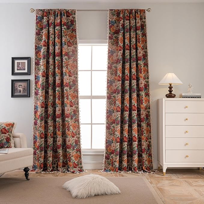 ENJOYBRIDAL Floral 96 Inch Curtains Semi Sheer Long Drapes Bedroom Rod Pocket Jacquard 2 Panels Window Curtains Farmhouse Boho Tassel Patterned Living Room Botanical Window Treatments