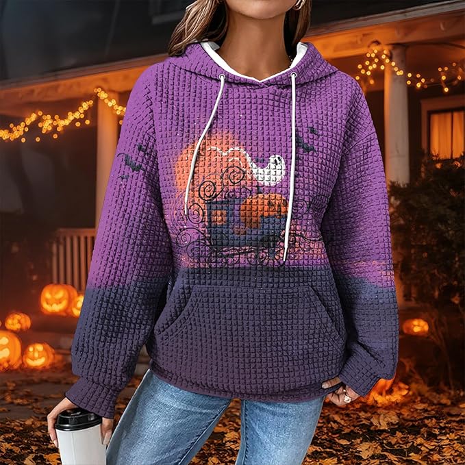 Halloween Sweatshirts for Women Novelty Graphic Drawstring Waffle Hoodies Loose Casual Pullover Tops with Pocket