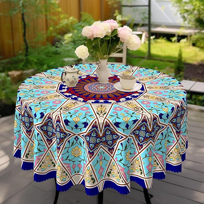 Eikione Boho Round Tablecloth 70inch, Tablecloth Waterproof and Wrinkle-Free, Boho Table Covers, Summer Decorations for Home