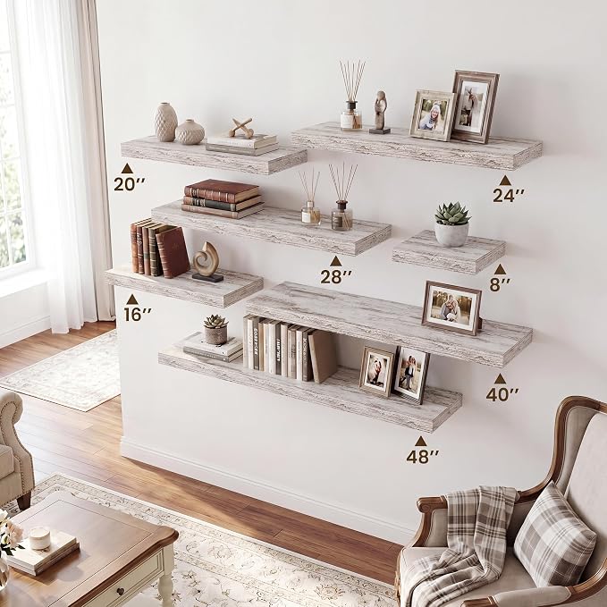 RICHFOCUS 20Inch Floating Shelves for Wall 2 Pack Shelves for Plant|Bedroom|Kitchen|Bathroom Rustic Wood Wall Mounted Shelf with Invisible Brackets for Books|Storage|Decor, Rustic White
