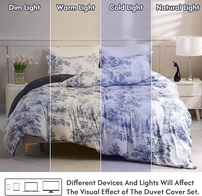 LONAVA King Botaincal 3 Pcs Duvet Cover Set, Breathable Soft Microfiber Navy Lining Comforter Cover with Zipper Closure, and 2 Anti-Pilling, Fade Resistant Pillowcases, Blue Forest
