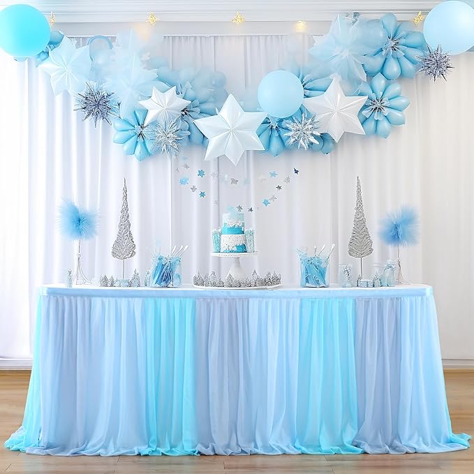 Tulle Table Skirt Blue Tutu Striped Table Skirts for Rectangle Tables Baby Shower Under the Sea Baby Shark Birthday Parties Decoration 14ft