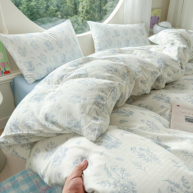 LifeTB Muslin Duvet Cover Set Twin XL Vintage Botanical Floral Duvet Cover 100% Cotton Linen Feel Flower Bedding Set Soft Gauze Comforter Cover Breathable Lightweight Cottagecore Bedding Set