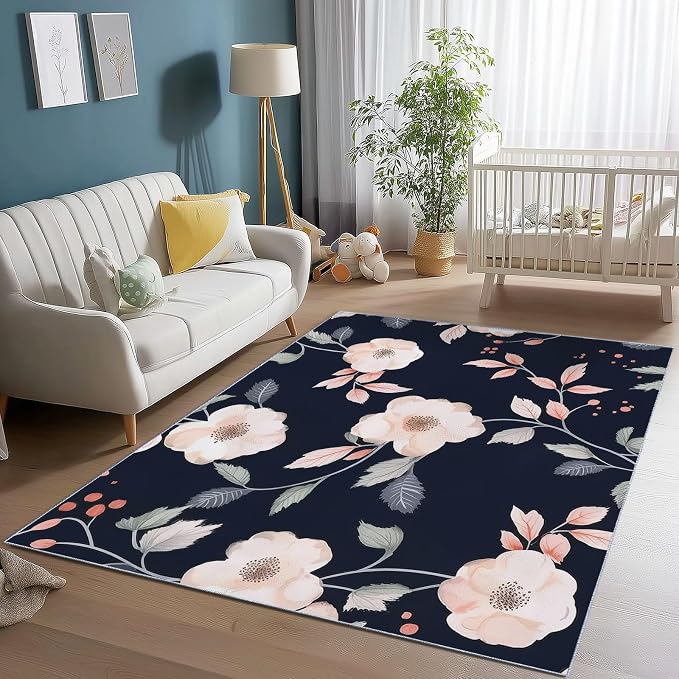 Area Rugs for Living Room, 4x5 Washable Rug Black Soft Low Pile Non-Slip Carpet Stain Resistant Carpets for Bedroom Dining Room Farmhouse Nursery, Retro Branches and Leaves Elegant Flowers