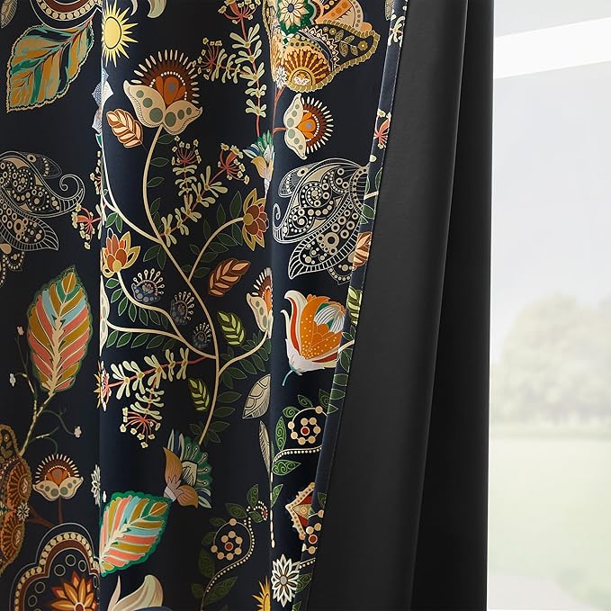 XiDi Navy Blue Vintage Floral Patterned Blackout Curtains 84 Inches Long for Bedroom Living Room 2 Panels Thermal Insulated Luxury Modern Curtains Dark Botanical Leaf Printed Design Grommet Drapes
