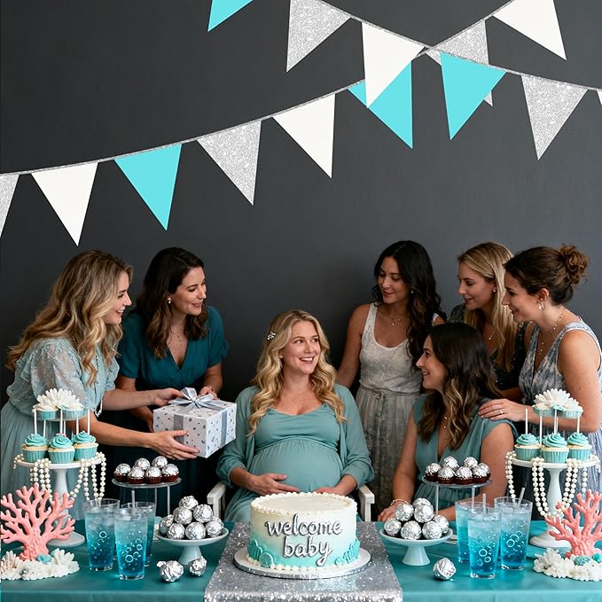 Teal Blue and Silver White Pennant Banner Flag Hanging Glitter Paper Triangle Bunting for Birthday Baby Shower Graduation Bridal Shower Wedding Engagement Turquoise Aqua Party Decorations Supplies