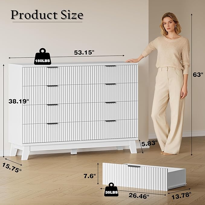 BORNOON 53" Tall Dresser for Bedroom, 8-Drawer Fluted Chest of Drawers, Modern Wood Highboy with Metal Slides and Handles, Anti-Tip Kit, Vertical Clothes Storage Organizer for Apartment, Closet
