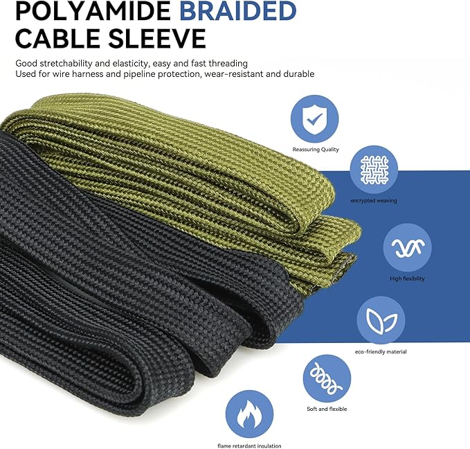 YOUBO Polyamide Braided Sleeving, 33ft Expandable Wire Loom Abrasion Resistant Split Cable Sleeve for Automotive Harness, Computer Case & Cable Management (Army Green, 40mm（1-9/16"）)