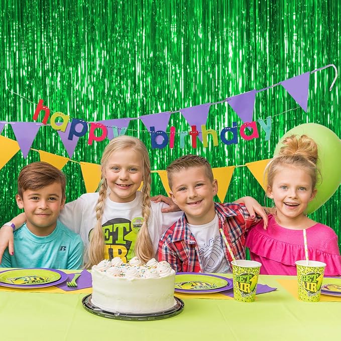 Thicken Green Streamers 4 Pack 3.2 x 8.2 FT, Tinsel Backdrop Curtains, Foil Fringe Photo Backdrop for Birthday, Dinosaur, Football, Jungle, Christmas, Golf Party Decorations