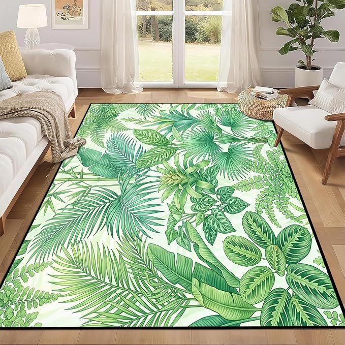 Tropical Leaves Area Rug 5'x7' Green Botanical Palm Fern Leaf Rug Non Slip Washable Indoor Floor Mat for Bedroom Living Room Nursery Kitchen Playroom Home Decor
