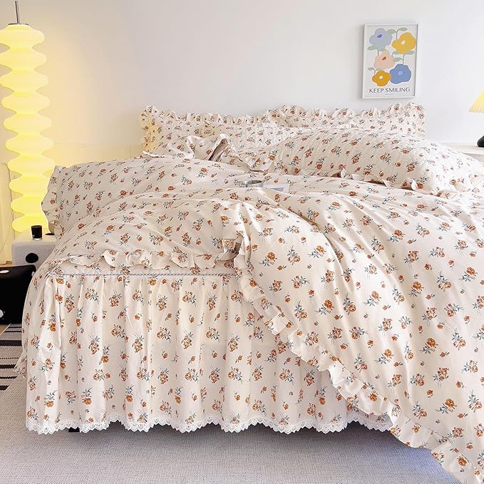 EAVD Cute Garden Floral Duvet Cover with Ruffles Soft Cotton Chic French Romantic Floral Bedding Set with 2 Pillowcases Reversible Botanical Print Duvet Cover with Zipper Closure
