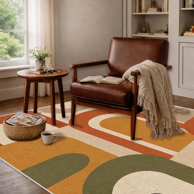Mid Century Arch Area Rug 5x8, Terracotta Geometric Abstract Rug, Retro Modern Color Block Washable Low Pile Non Slip Rug for Living Room Bedroom
