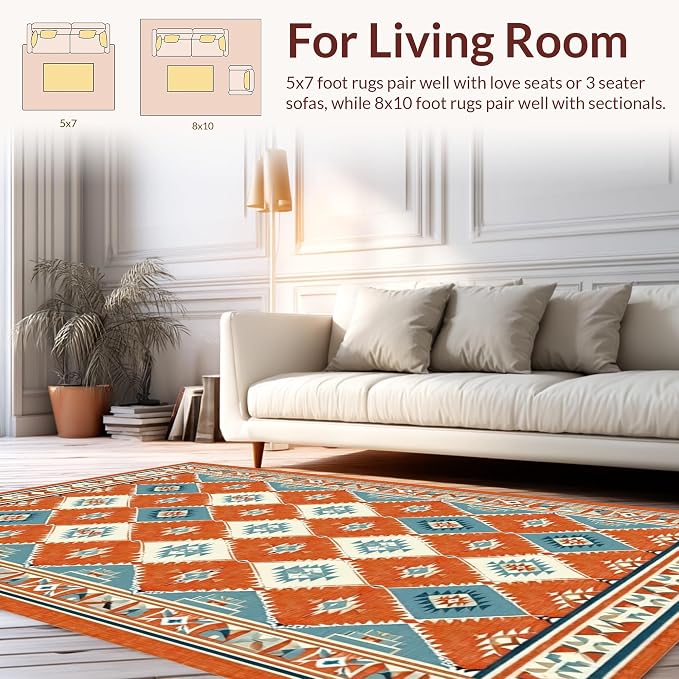 Flatwoven High Traffic Area Rug 6x9, Timeless Southwestern for Eclectic, Non Slip, Stain Resistant, Washable Area Rugs for Living Room, Bedroom (Orange, 6x9)