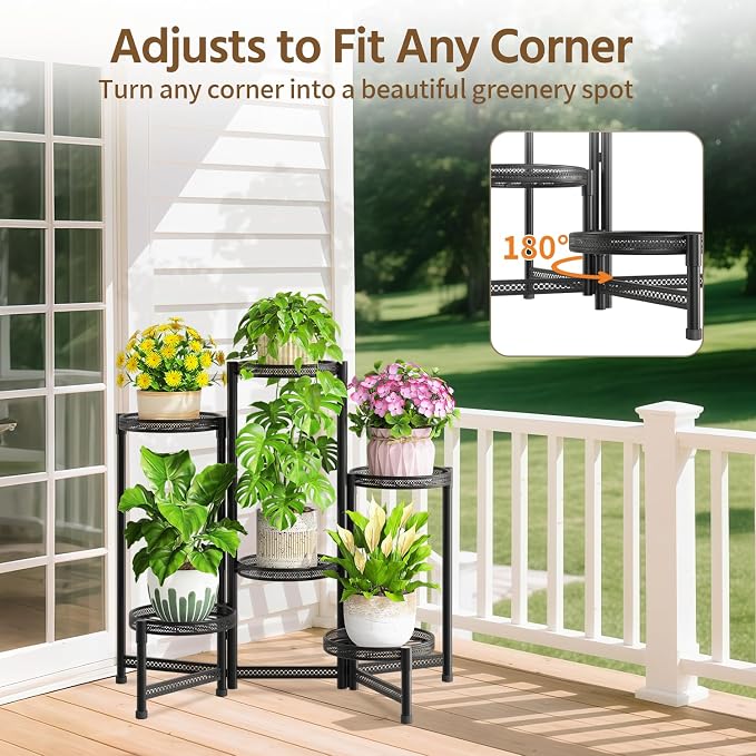 LASZOLA 6 Tiered Folding Tall Plant Stand for Indoor Outdoor Corner, Larger Heavy Duty Metal Adjustable Multiple Rack with 10 Inch Wide Hollow Tray, Flower Planter Holder for Modern House Patio, Black
