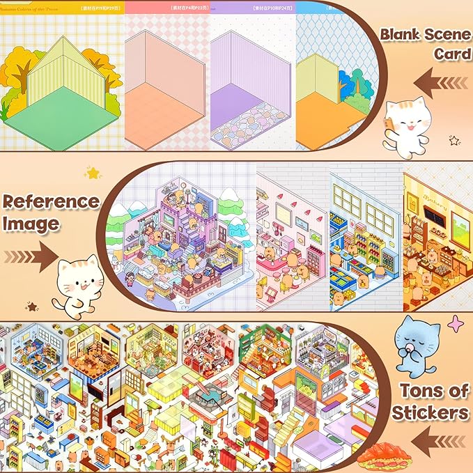 ASTARON 20 Sets DIY 3D Sticker Scene Book Sticker Therapy for Adults, Make Your Own Mini Cozy Shop House Room Stickers Cute Cartoon Miniature Stickers, Relief Stress Pass The Time