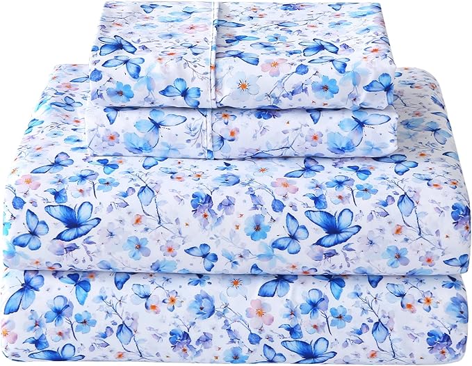 Softan Queen Floral Sheets, Microfiber Blue Flower Printed Fitted Sheets with Non-Slip Corner Straps and 15" Deep Pocket, Butterfly Patterned Cozy Bed Sheets & Pillowcase Sets