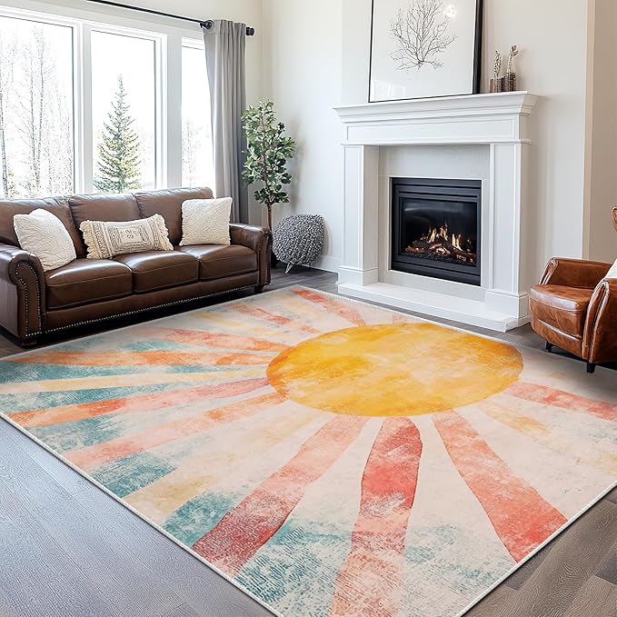6x9 Boho Sun Area Rug Retro Orange Yellow Blue Beige Bedroom Rug Low Pile Thin Large Carpet Living Room Non Slip Dining Room Stain Resistant Office Washable Machine Classroom