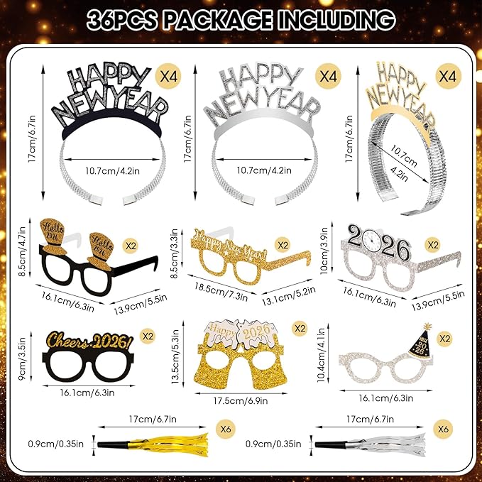 36 Pcs New Years Eve Party Supplies 2026 - New Years Decorations Set, Silver Gold Black Happy New Year Headband Tiara Glasses Noise Makers Bulk for Adults Kids New Year's Gifts Party Favors Decor