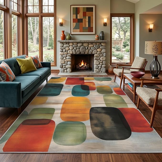 Mid Century Geometric Area Rug 5x7 ft, Retro Color Block Abstract Statement Rug, Low Pile Non-Slip Washable Indoor Rug for Living Room Bedroom