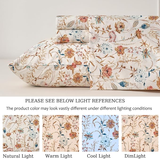 Zusbest California King Sheets Set 100% Percale Cotton - Boho Floral Botanical Printed Bedding with Deep Pocket 17.5'', Vintage Burnt Orange & Teal Design, 4-Piece Soft Breathable Sheets