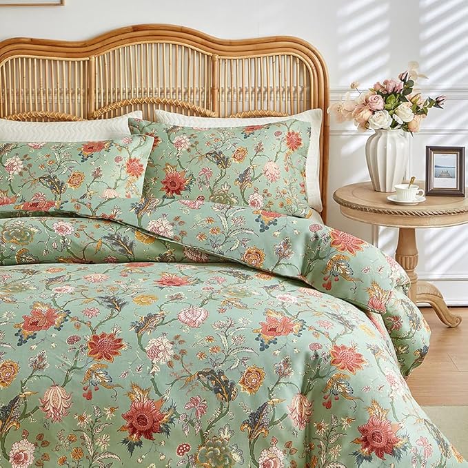 LifeTB Farmhouse Floral Comforter Full Comforter Set Botanical Flowers Vines Pattern on Green Floral Bedding Comforter Set Fluffy Soft Microfiber Aesthetic Bedding Botanical Comforter for All Seasons