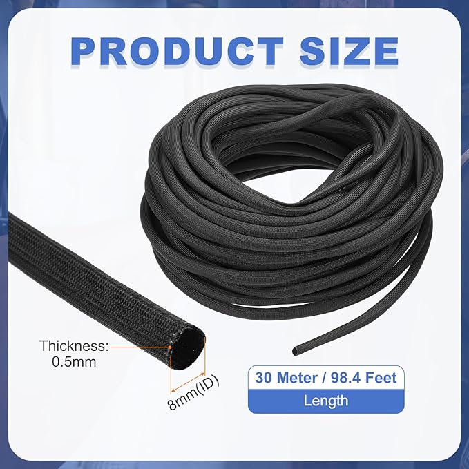 uxcell Insulation Cable Protector,8mm/0.5 Inch-30m/98 Feet High Temp Fiberglass Sleeve Black