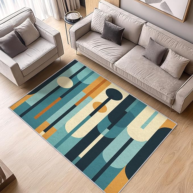 Mid Century Rug 7x10, Washable Modern Geometric Rugs for Living Room Bedroom, Abstract Mid-Century Area Rug for Home Decor, Non Slip Backing Floor Carpet - 7 x 10 ft