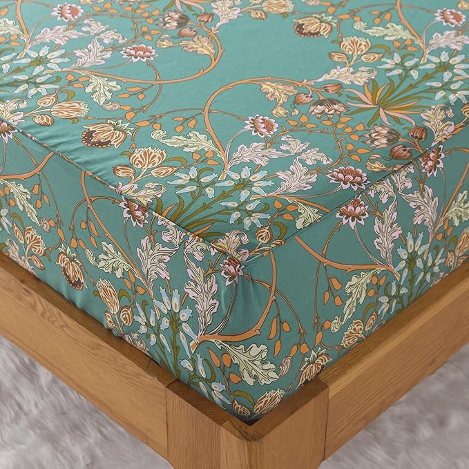 Zusbest Full Size Bed Sheet Set Shabby Vintage Floral Sheets Percale Cotton Chic Teal Blue Orange American Country Style Bedding Luxury Boho Soft Breathable Crisp Bed Deep Pocket Fitted Sheet 4 Piece