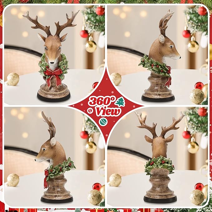 Christmas Reindeer Head Statues, Deer Head with Wreath, Reindeer Christmas Table Decoration for Home Indoor Resin Xmas Deer Figurine Winter Holiday New Year Gift for Woman