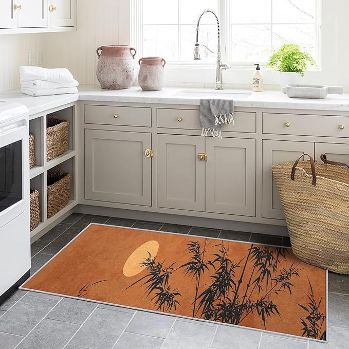 Oriental Bamboo Runner Rug 2x6, Full Moon Sunset Design, Asian Zen Nature Area Rug Washable Hallway Rugs Non-Slip Floor Carpet Runner for Bedroom, Narrow Hallway, Kitchen Aisle