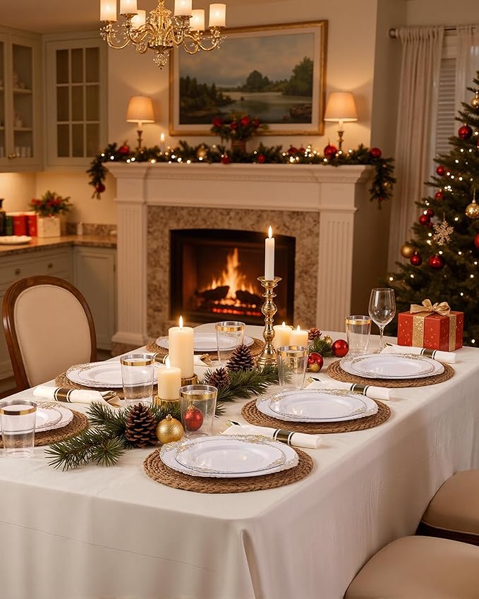 Nervure 700PCS Gold Plastic Plates - Gold Plastic Dinnerware Sets for 100 Guests - 200 Disposable Plates, 300 Silverware, 100 Cups, 100 Napkins for Wedding & Party & Thanksgiving