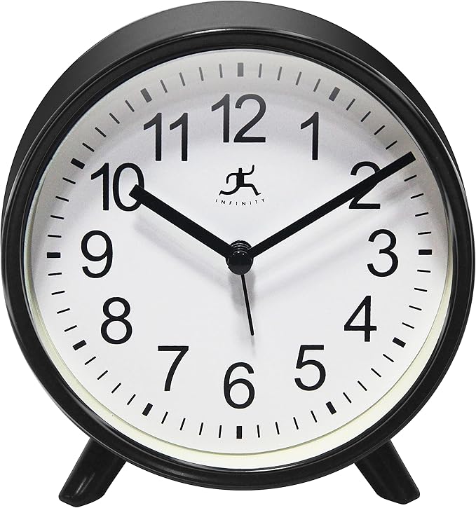 Infinity Instruments Plastic 5.75" Indoor Tabletop Alarm Clock with Quartz Movement for Accurate Time Keeping, Black