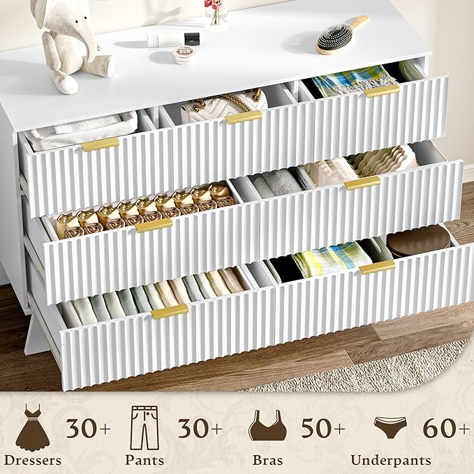 HUANLEGO Fluted Dresser for Bedroom with 7 Drawer, Mid Century Modern Chest of Drawers, 48" Wide Natural Wood Dresser for Closet, Wooden Boho Chest Closet Storage TV Stand for Bedroom, White