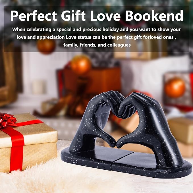 Black Bookends, Heavy Duty Bookend Holder Decor, Finger Heart Shaped, Modern Art Sculpture, Bookends Decorative, Boho Decor for Desktop Bedroom Study Room(Black)