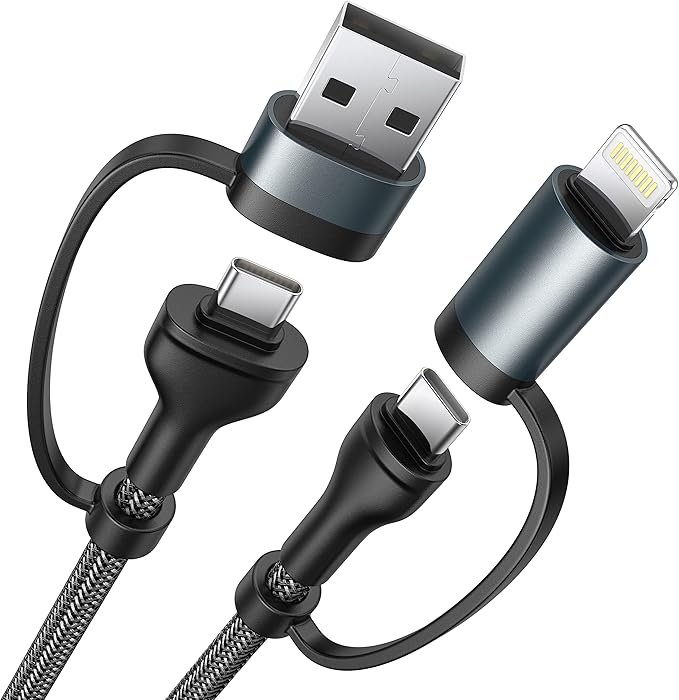 XUDUO 4-in-1 USB C Cable Lightning Cable 60W [Fast Charging & Data Sync] 6FT Multi Charger Cable Charging Cord Lightning/Type C/USB A Ports for iPhone 17 16/15/15 Pro/15 Plus/15 14 Pro Max