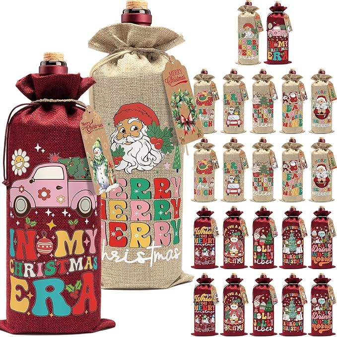 Aoonby 24PCS Burlap Wine Bags Christmas Wines Gift Bag, Drawstring Retro Christmas Bottle Cover Gift Bag w/Tag, Reusable Wines Bags for Bottles Gifts Wine Bottle Covers for Xmas Holiday Party Decor