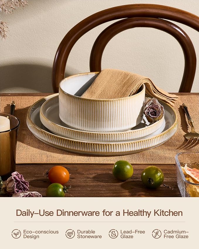 8-Piece Plates and Bowls Sets for 4, Cappuccino White | Handcrafted reactive glaze stoneware dinnerware. Chip & scratch resistant. Microwave & dishwasher safe. Everyday/formal use.