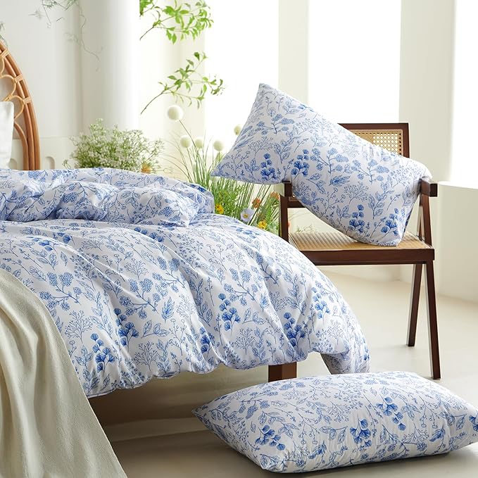 Nayoroom Blue Floral Duvet Cover Queen Size Cottagecore Botanical Flower Spring Comforter Cover 3 Pcs Soft Breathable Microfiber Pastoral Aesthetic Bedding Set Gift for Women