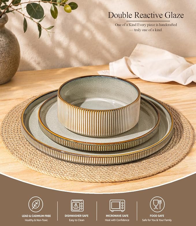 GBHOME 24-Piece Stoneware Dinnerware Set for 8 – Ribbed Ceramic Plates and Bowls, Scratch-Resistant, Microwave & Dishwasher Safe, Reactive Glaze, Reactive Glaze Green Wheat
