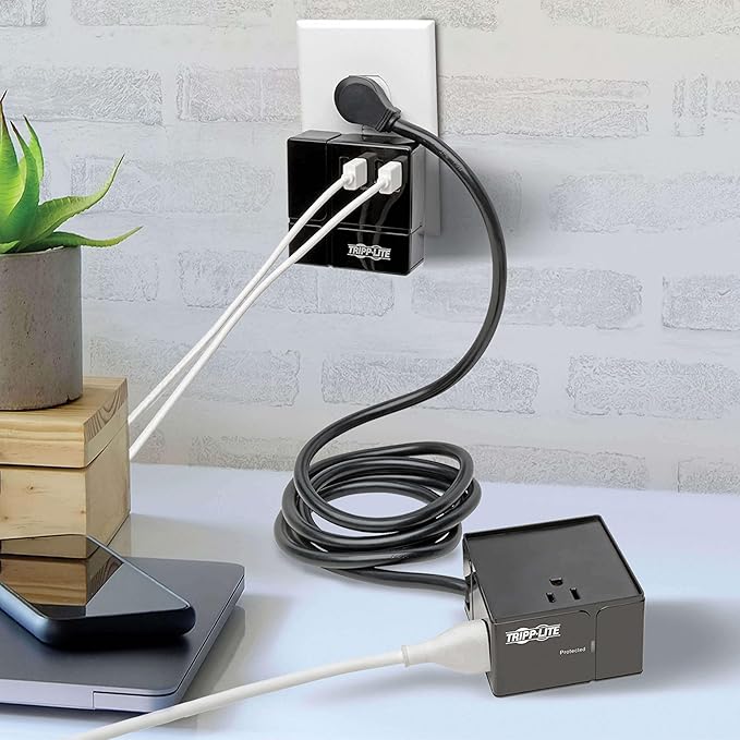 Tripp Lite 3 Outlet Surge Protector with USB, Detachable Wall Outlet Surge Protector, 6 USB Ports, 6 ft. Cord, 540 Joules, Black, TLP366CUBEUSBB