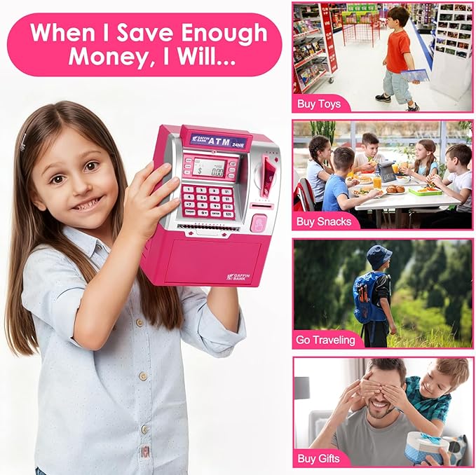 ATM Piggy Bank with Card and Password, Electronic Savings Bank Machine for Real Money, Mini ATM Coin and Cash Deposit Box with Target Setting, Clock and Sound – Pink Dollar Edition