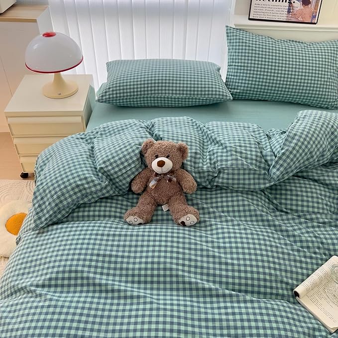 LifeTB Queen Comforter Set Green Gingham Bedding Comforter Modern Style Checkered Pattern Comforter Set Green Blue Grid Plaid Bedding Comforter Lightweight Fluffy Soft Gingham Grid Bedding Set